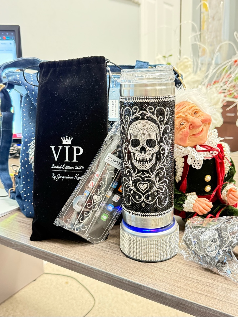 JACQUELINE KENT CRYSTAL SUGAR SKULL TUMBLER, WRISTLET, & PUFF HEART CHARM